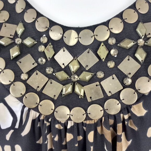 Sandra Darren Tan Black Floral Print Embellished Sleeveless Shift Dress - Picture 3 of 10